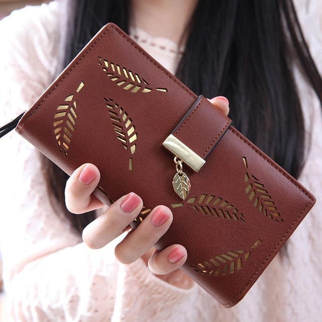 ELECTROPRIME Long Gold Hollow Leaves Coin Purse Card Holders Wallet for Women(Brown)