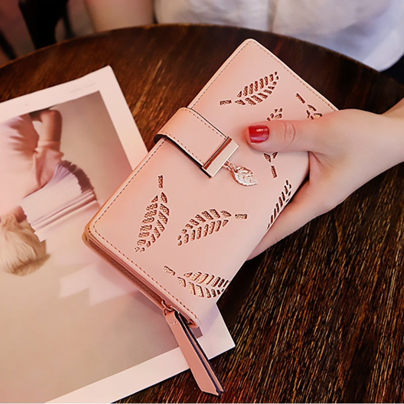 ELECTROPRIME Long Gold Hollow Leaves Coin Purse Card Holders Wallet for Women(Brown)