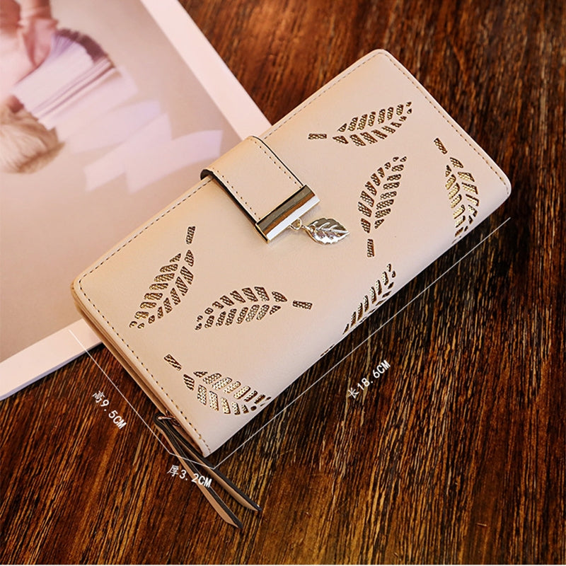 ELECTROPRIME Long Gold Hollow Leaves Coin Purse Card Holders Wallet for Women(Brown)