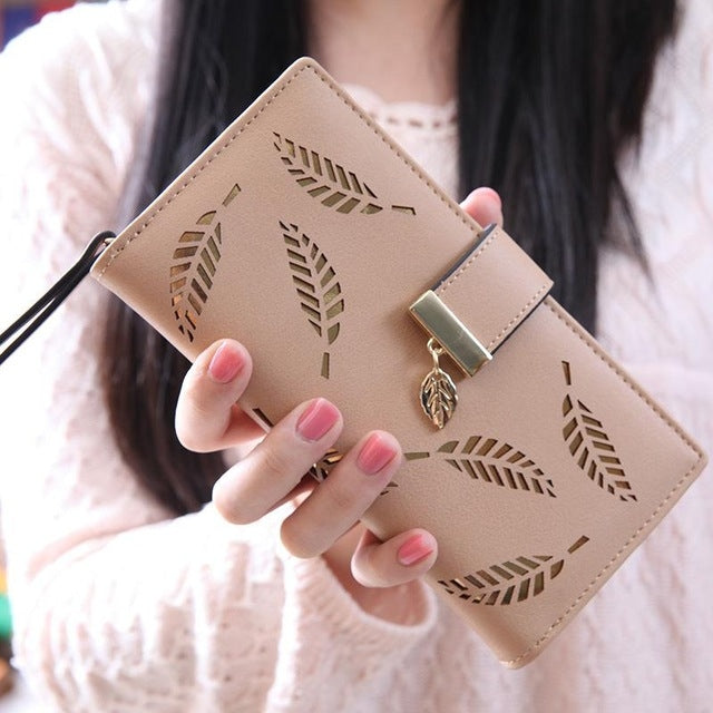 ELECTROPRIME Long Gold Hollow Leaves Coin Purse Card Holders Wallet for Women(Apricot)
