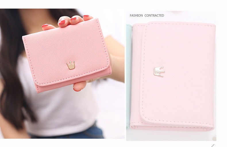 ELECTROPRIME Short Mini Women Wallets Crown Decorated Fold PU Leather Coin Purse Card Holder(Pink)