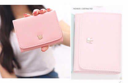ELECTROPRIME Short Mini Women Wallets Crown Decorated Fold PU Leather Coin Purse Card Holder(Pink)