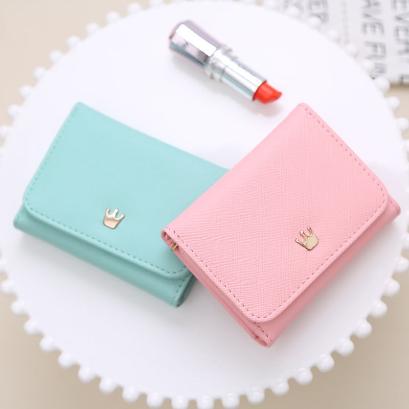 ELECTROPRIME Short Mini Women Wallets Crown Decorated Fold PU Leather Coin Purse Card Holder(Pink)