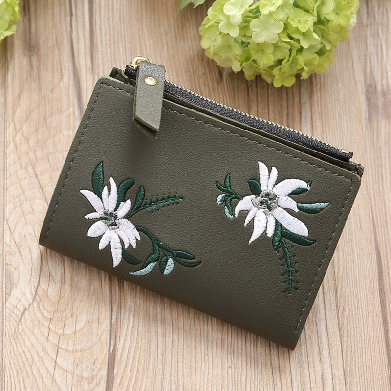 ELECTROPRIME Embroidery Short Wallet PU Leather Wallets Female Floral Hasp Coin Purse Zipper Bag Card Holders(Army Green)