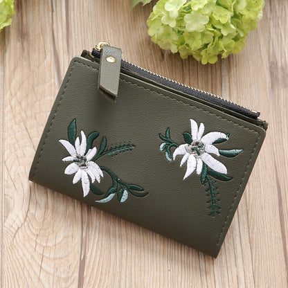 ELECTROPRIME Embroidery Short Wallet PU Leather Wallets Female Floral Hasp Coin Purse Zipper Bag Card Holders(Army Green)