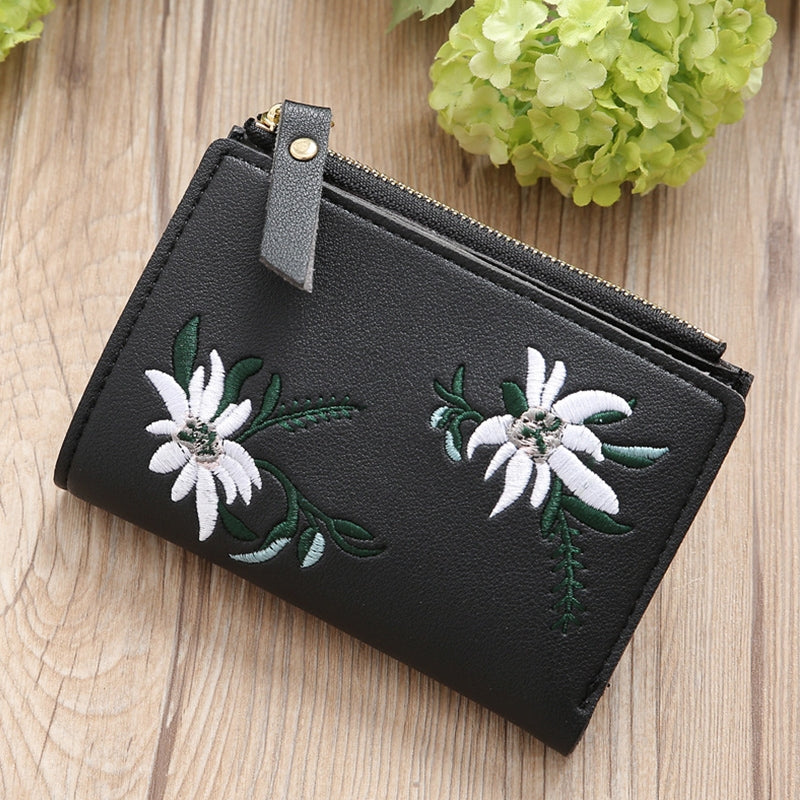 ELECTROPRIME Embroidery Short Wallet PU Leather Wallets Female Floral Hasp Coin Purse Zipper Bag Card Holders(Black)