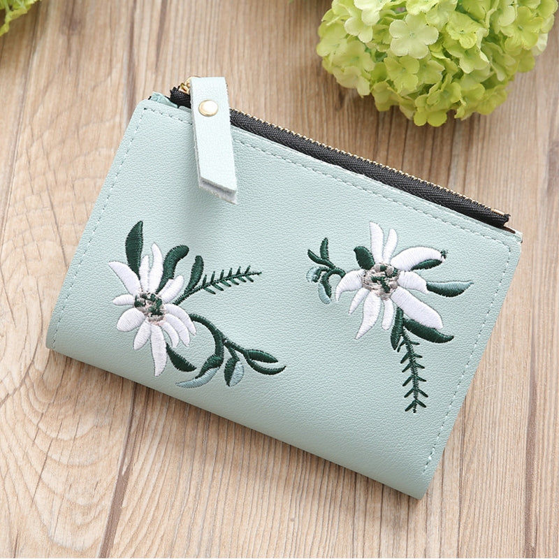 ELECTROPRIME Embroidery Short Wallet PU Leather Wallets Female Floral Hasp Coin Purse Zipper Bag Card Holders(Light Green)