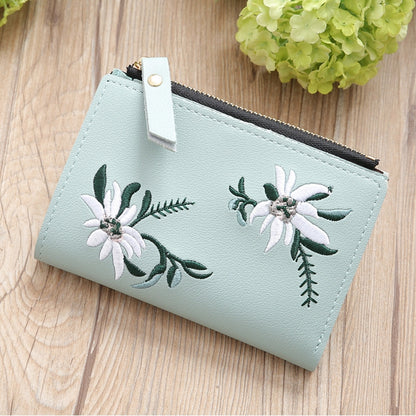 ELECTROPRIME Embroidery Short Wallet PU Leather Wallets Female Floral Hasp Coin Purse Zipper Bag Card Holders(Light Green)