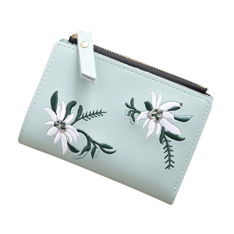 ELECTROPRIME Embroidery Short Wallet PU Leather Wallets Female Floral Hasp Coin Purse Zipper Bag Card Holders(Light Green)