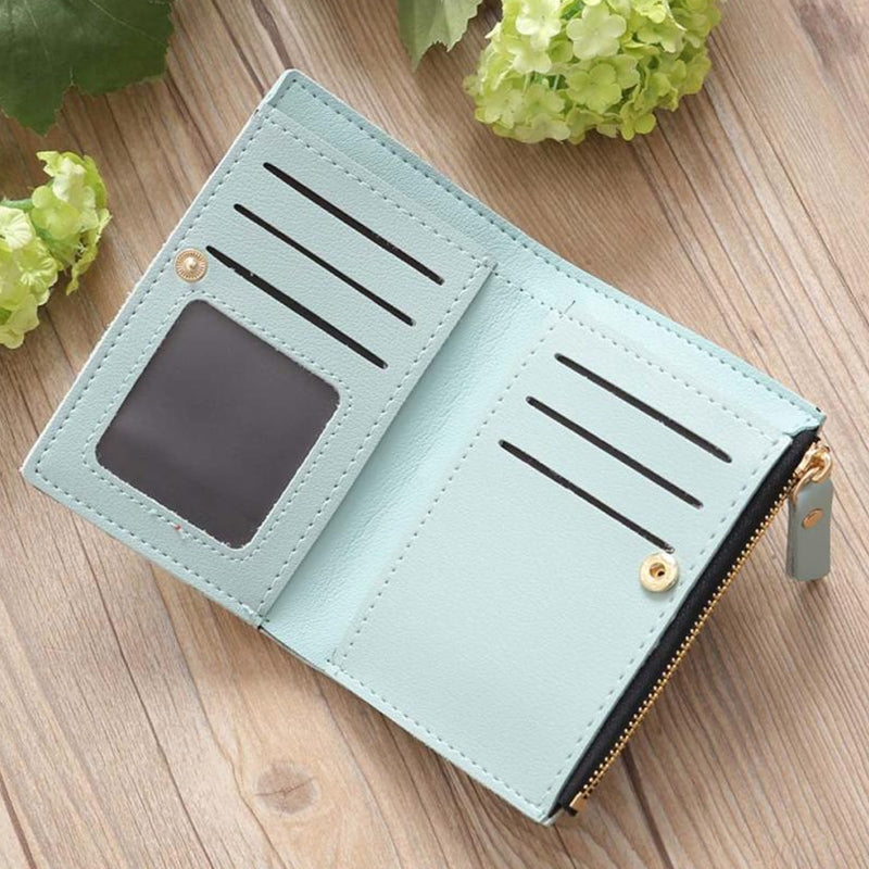 ELECTROPRIME Embroidery Short Wallet PU Leather Wallets Female Floral Hasp Coin Purse Zipper Bag Card Holders(Light Green)
