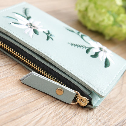 ELECTROPRIME Embroidery Short Wallet PU Leather Wallets Female Floral Hasp Coin Purse Zipper Bag Card Holders(Light Green)