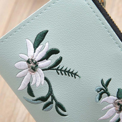 ELECTROPRIME Embroidery Short Wallet PU Leather Wallets Female Floral Hasp Coin Purse Zipper Bag Card Holders(Gray)