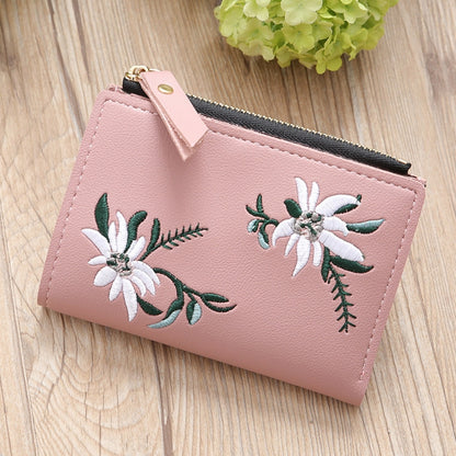 ELECTROPRIME Embroidery Short Wallet PU Leather Wallets Female Floral Hasp Coin Purse Zipper Bag Card Holders(Light Pink)