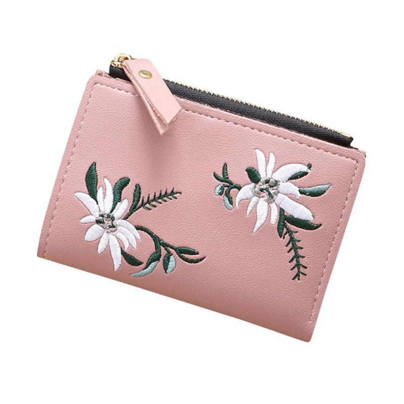 ELECTROPRIME Embroidery Short Wallet PU Leather Wallets Female Floral Hasp Coin Purse Zipper Bag Card Holders(Light Pink)