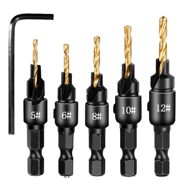 ELECTROPRIME 5 PCS/Set Countersink Woodworking Drill Bit Set Hexagon Screw Hardware Tool(Gold)