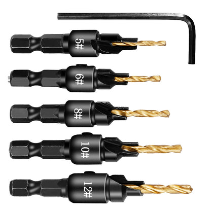 ELECTROPRIME 5 PCS/Set Countersink Woodworking Drill Bit Set Hexagon Screw Hardware Tool(Gold)