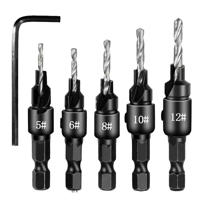ELECTROPRIME 5 PCS/Set Countersink Woodworking Drill Bit Set Hexagon Screw Hardware Tool(Silver)
