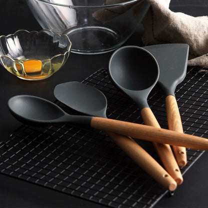 ELECTROPRIME Silicone Wood Handle Spatula Heat-resistant Soup Spoon Non-stick Special Cooking Shovel Kitchen Tools Leak Shovel