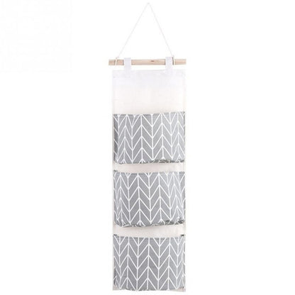 ELECTROPRIME 3-Pockets Cotton Linen Wall Hanging Door Pouch Bedroom Home Storage Pocket Hanging Bag(Gray)