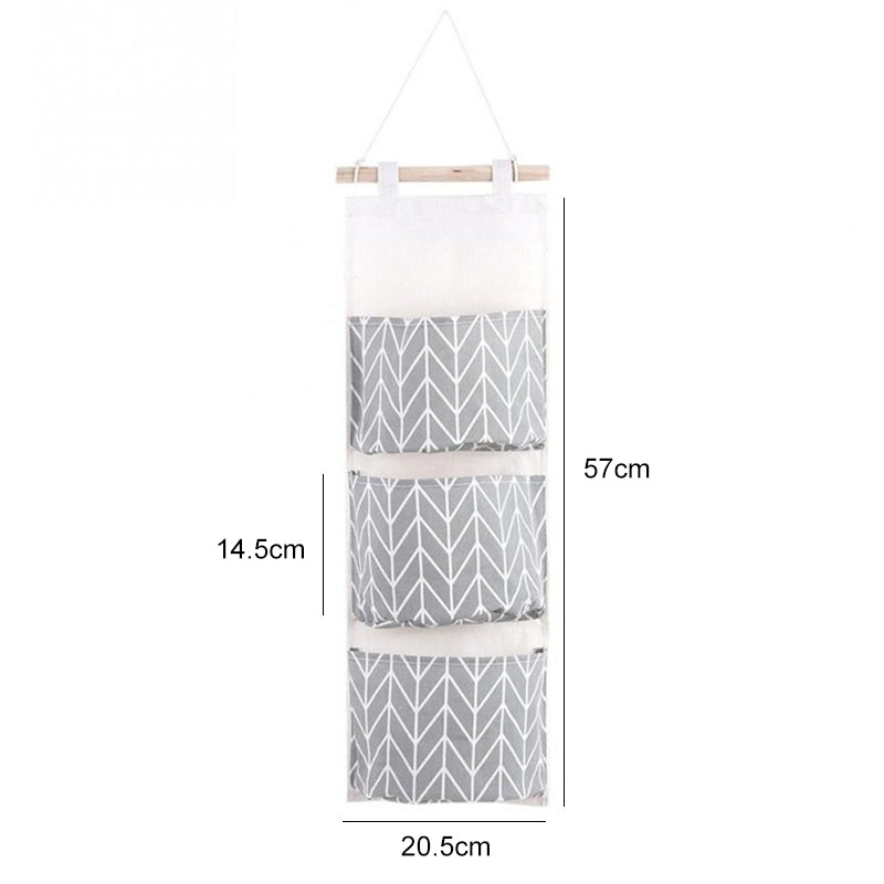 ELECTROPRIME 3-Pockets Cotton Linen Wall Hanging Door Pouch Bedroom Home Storage Pocket Hanging Bag(Gray)