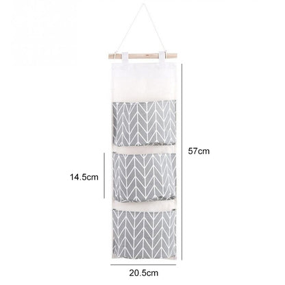 ELECTROPRIME 3-Pockets Cotton Linen Wall Hanging Door Pouch Bedroom Home Storage Pocket Hanging Bag(Gray)