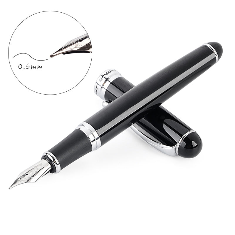 ELECTROPRIME X750 Stationery Stainless Steel Fountain Pen Medium Nib Ink Pens School Oiifice Gift, Nib Size:0.5mm(Black)