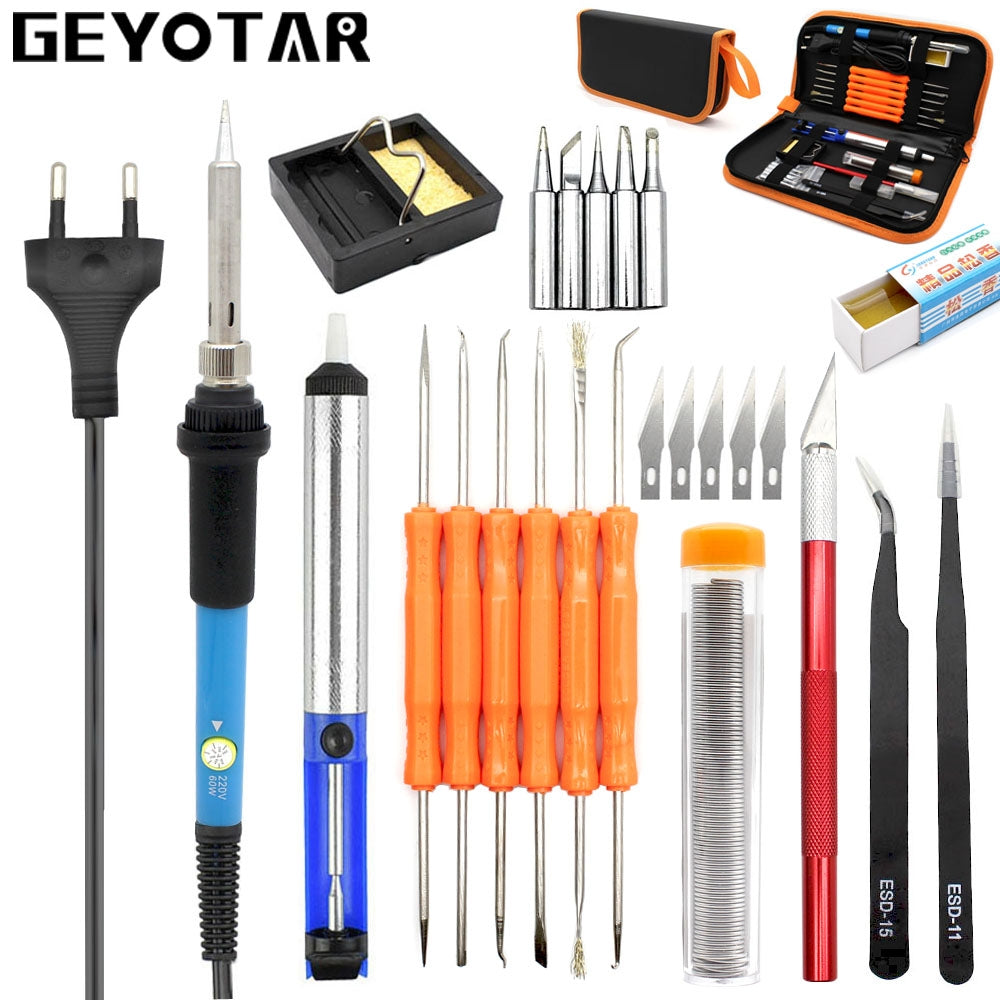 ELECTROPRIME 60W Adjustable Temperature Electric Soldering Iron Kit + 5 PCS Tips Portable Welding Repair Tool Tweezers Hobby knife(Orange)