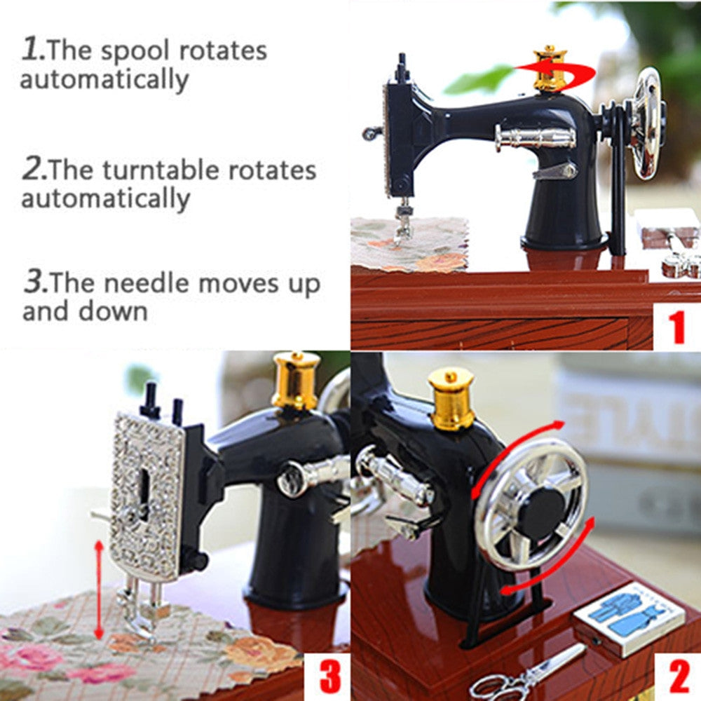 ELECTROPRIME Mini Plastic Vintage Music Box Sewing Machine Style Mechanical Birthday Gift Table Decor