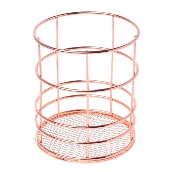 ELECTROPRIME Rose Gold Metal Pen Holder Box Case Iron Art Receiving Basket Desk Stationery Office School Desk Supplies(Round)