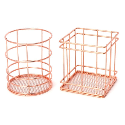 ELECTROPRIME Rose Gold Metal Pen Holder Box Case Iron Art Receiving Basket Desk Stationery Office School Desk Supplies(Round)