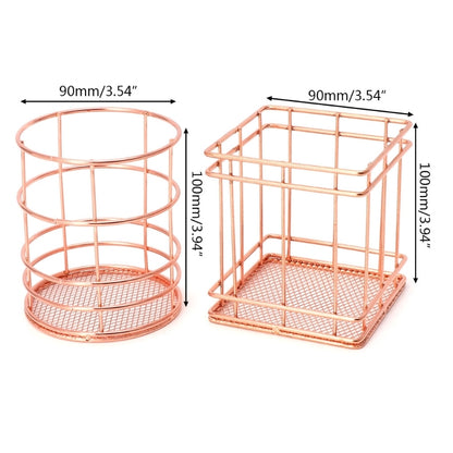 ELECTROPRIME Rose Gold Metal Pen Holder Box Case Iron Art Receiving Basket Desk Stationery Office School Desk Supplies(Round)