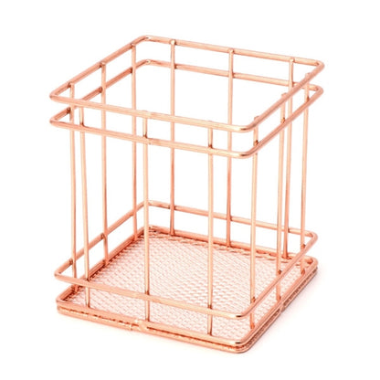 ELECTROPRIME Rose Gold Metal Pen Holder Box Case Iron Art Receiving Basket Desk Stationery Office School Desk Supplies(Square)
