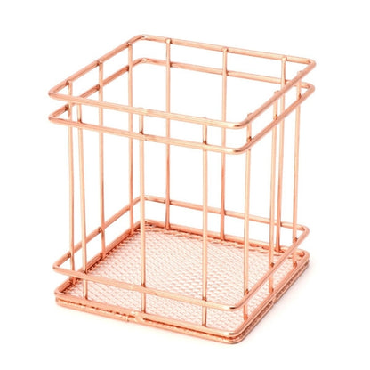 ELECTROPRIME Rose Gold Metal Pen Holder Box Case Iron Art Receiving Basket Desk Stationery Office School Desk Supplies(Square)