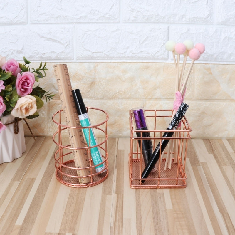 ELECTROPRIME Rose Gold Metal Pen Holder Box Case Iron Art Receiving Basket Desk Stationery Office School Desk Supplies(Square)