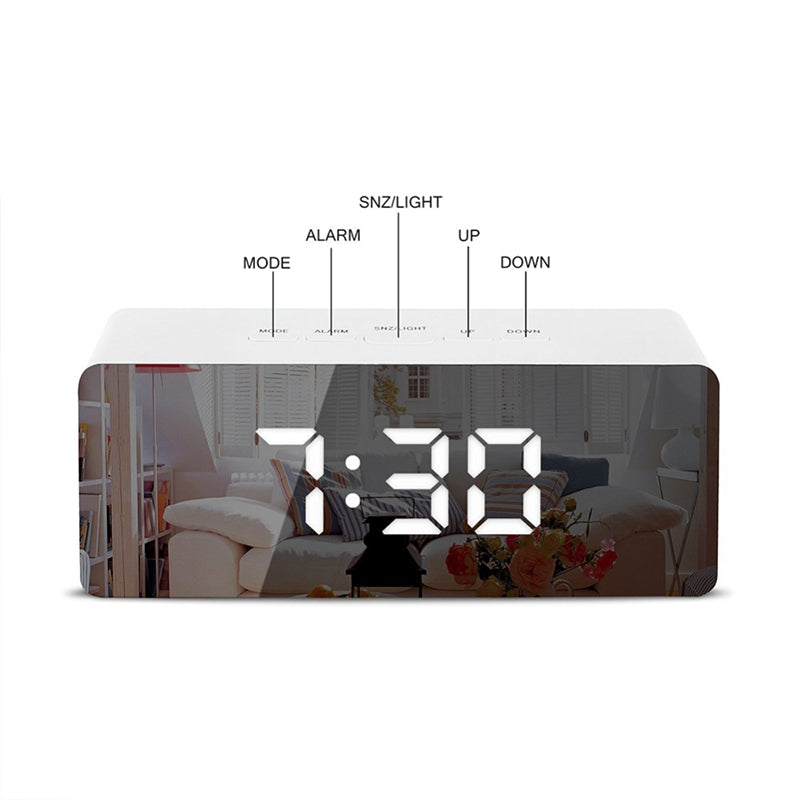 ELECTROPRIME LED Mirror Alarm Clock Digital Snooze Table Clock Electronic Time Temperature Large Display  White Light