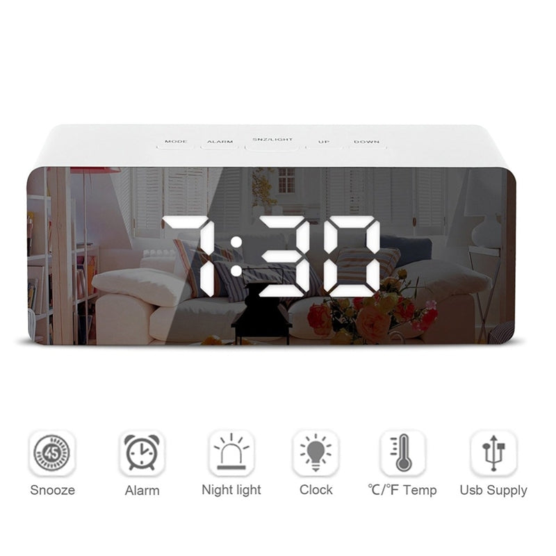 ELECTROPRIME LED Mirror Alarm Clock Digital Snooze Table Clock Electronic Time Temperature Large Display  White Light