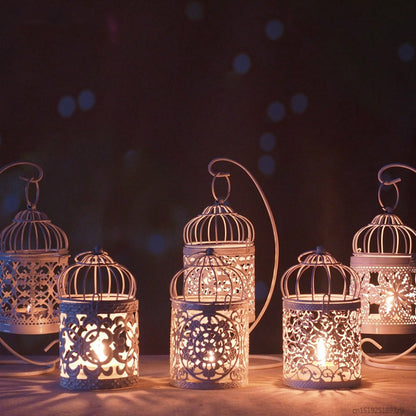 ELECTROPRIME Antique Creative Bird Cage Candlestick Wrought Iron Ornaments Hollow Flower Pattern Home Decoration Crafts(A)