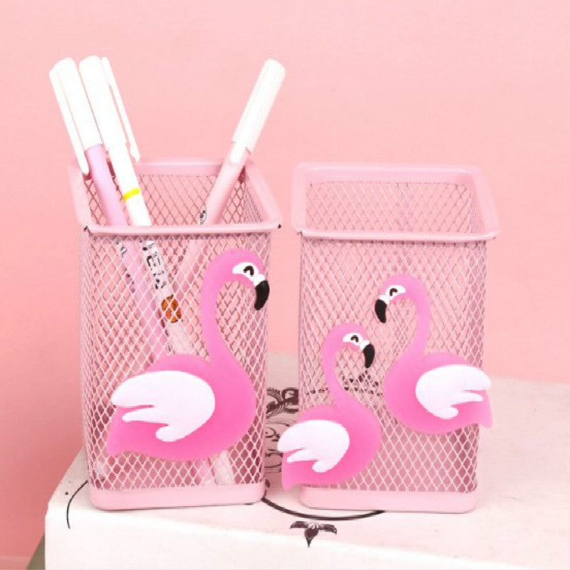 ELECTROPRIME Cartoon Pink Metal Hollow Penholder Square Stationery Storage Box Manage Case Pencil Pen Holder Stand(Double Flamingo)