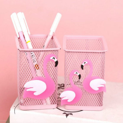 ELECTROPRIME Cartoon Pink Metal Hollow Penholder Square Stationery Storage Box Manage Case Pencil Pen Holder Stand(Double Flamingo)
