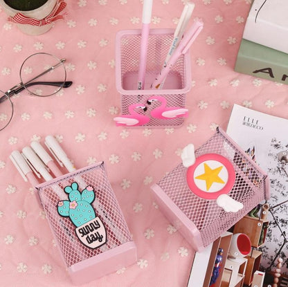 ELECTROPRIME Cartoon Pink Metal Hollow Penholder Square Stationery Storage Box Manage Case Pencil Pen Holder Stand(Double Flamingo)