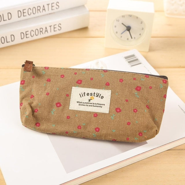 ELECTROPRIME Cute Floral Canvas Zipper Pencil Cases Flower Tree Pen Bags(Coffee Flower)