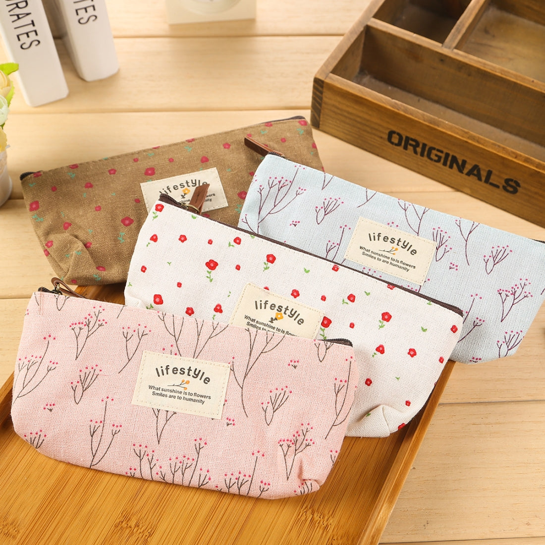ELECTROPRIME Cute Floral Canvas Zipper Pencil Cases Flower Tree Pen Bags(Coffee Flower)