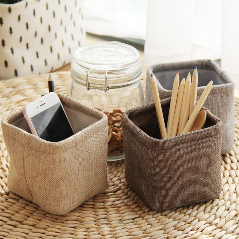 ELECTROPRIME Mini Small Linen Pen Holder Desktop Cloth Simple Stationery Holders(Khaki)