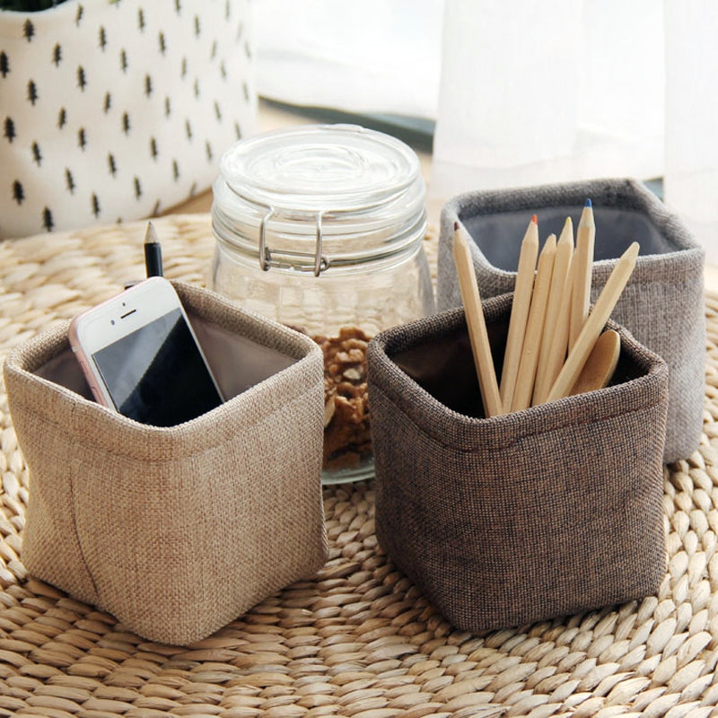 ELECTROPRIME Mini Small Linen Pen Holder Desktop Cloth Simple Stationery Holders(Coffee)
