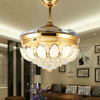 ELECTROPRIME Invisible Crystal Fan LED Chandelier Home Living Room Bedroom Variable Frequency Ceiling Fan Light with Remote Control, Size:42 inch 115 Three Colors 36W