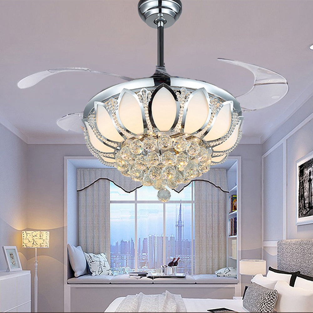 ELECTROPRIME Invisible Crystal Fan LED Chandelier Home Living Room Bedroom Variable Frequency Ceiling Fan Light with Remote Control, Size:42 inch 116 Three Colors 36W