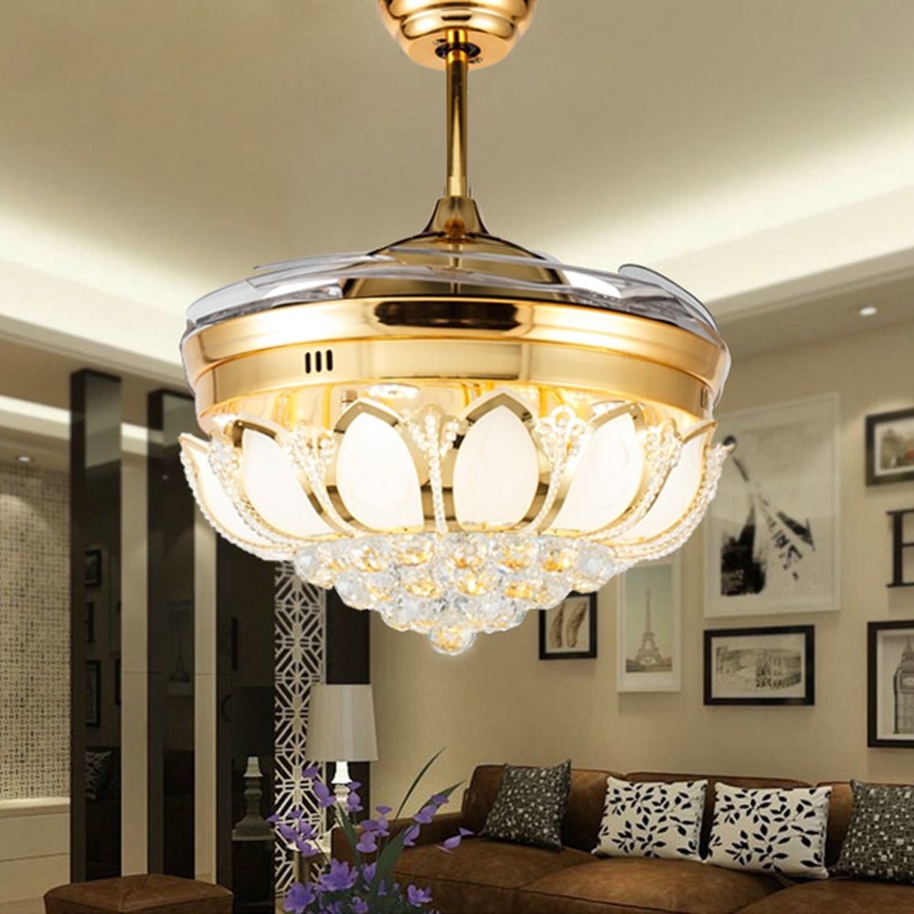ELECTROPRIME Invisible Crystal Fan LED Chandelier Home Living Room Bedroom Variable Frequency Ceiling Fan Light with Remote Control, Size:42 inch 114 Three Colors 36W