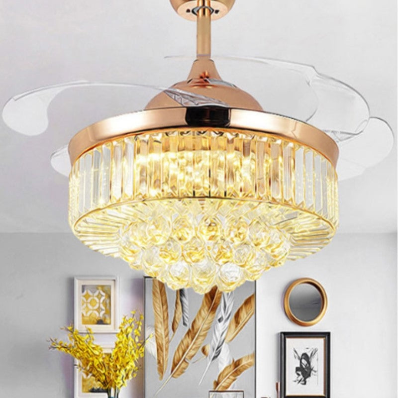 ELECTROPRIME Invisible Crystal Fan LED Chandelier Home Living Room Bedroom Variable Frequency Ceiling Fan Light with Remote Control, Size:42 inch 1102 Three Color Change 36W