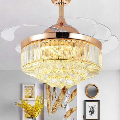ELECTROPRIME Invisible Crystal Fan LED Chandelier Home Living Room Bedroom Variable Frequency Ceiling Fan Light with Remote Control, Size:42 inch 1102 Three Color Change 36W