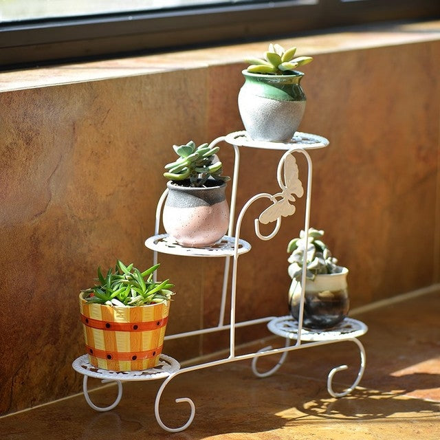 ELECTROPRIME Mini Wrought Iron Multi-function Flower Pot Flower Stand for Office Desktop Sill Balcony(White)